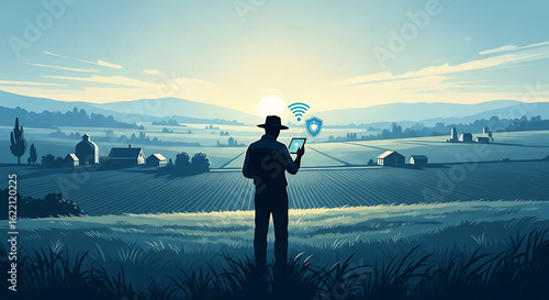 Future of agriculture illustration. A farmer using a tablet for smart farming, overlooking fields at sunrise for the coming season.