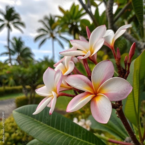 Wallpaper Mural  “Close-up of white plumeria flowers with raindrops and palm trees in the background.” Torontodigital.ca