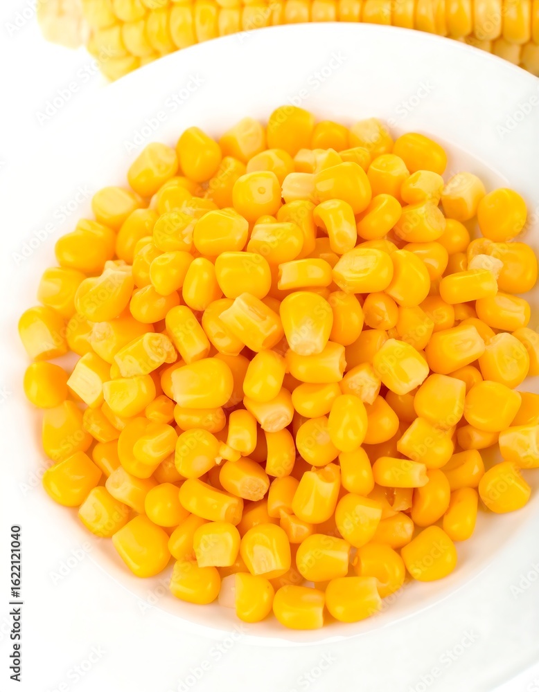 A small white dish filled with bright yellow corn kernels A small white dish filled with bright yellow corn kernels