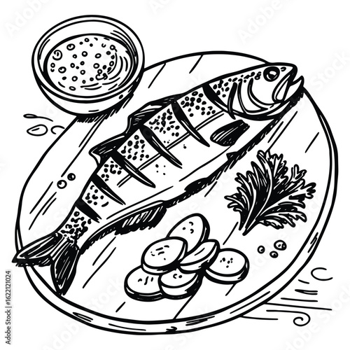 Hand drawn illustration of grilled fish served on a plate with dipping sauce and garnish