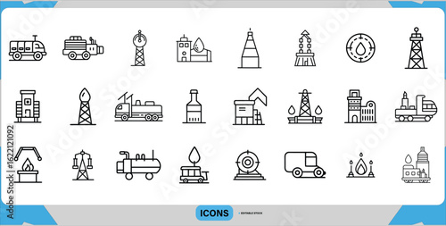 Oil & Energy Industry Vector Icons Oil Rigs, Trucks, and Industrial Equipment, Industrial Oil Industry Icons  Gas, Fuel, and Power Plant 