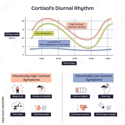 Cortisols diurnal rhythm shows daily hormone fluctuations with a graph, sun, and moon icons. Doodle style diagram