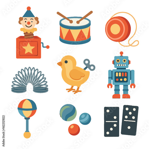 Slinky icon tin classic vector pieces drum robot rattle domino collection toy