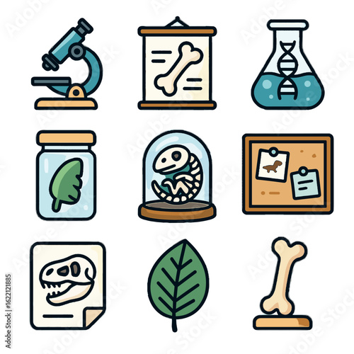 Dino dna icons under discovery board microscope ancient icon vector sample bone