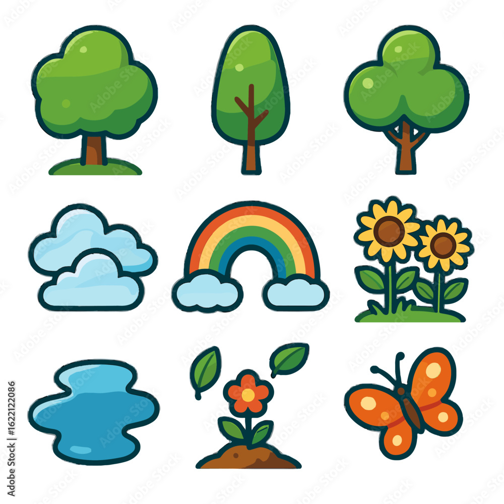 Fototapeta premium Sunflower puffy sprouting icon clouds icons cartoon puddle vector mound nature trees