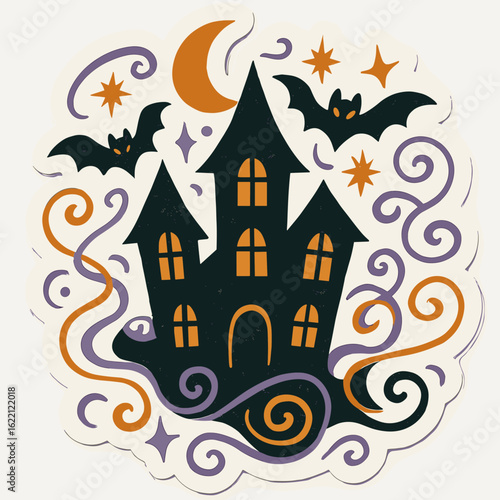 Cartoon Whimsical Halloween Haunted House WIth Abstract Swirls & Two Bats Die-Cut Sticker Vector Line Art Crescent Moon Hallows Eve Art 