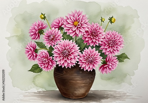 Wallpaper Mural Watercolor Dahlia Bouquet: Soft Pink Blooms in Earthen Vase Torontodigital.ca