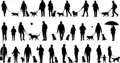 Group people all ages activities with dogs vector silhouette set collection.
