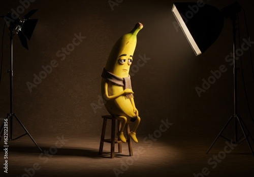 Sad anthropomorphic banana character sitting on a stool in a studio