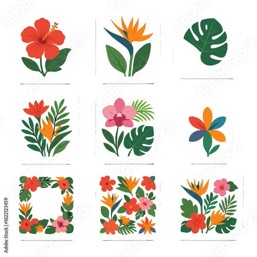 Exotic paradise floral monstera print hibiscus vector tag icon colorful