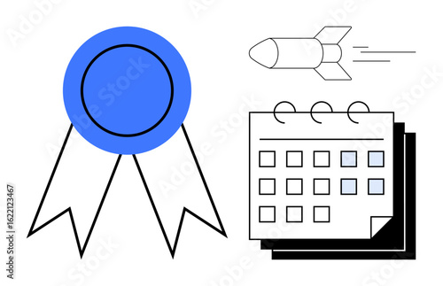 Blue ribbon for achievement, calendar for scheduling, and rocket for rapid progress. Ideal for goals, success, time management, productivity, achievement, planning innovation simple flat metaphor