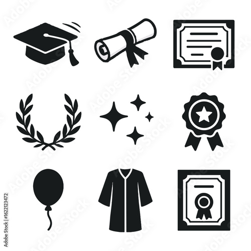 Badge flying set student award certificate vector sparkles cap graduation icon ribbon