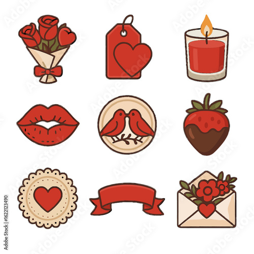 Icon candle s card mark valentine ribbon envelope seal lovebirds vector curved
