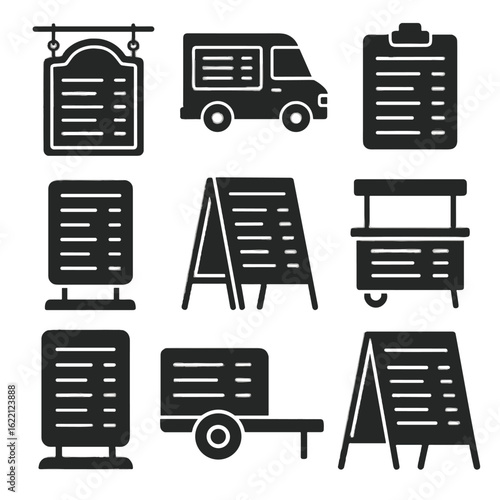 Food menu cart outdoor vector icon truck stand board small trailer