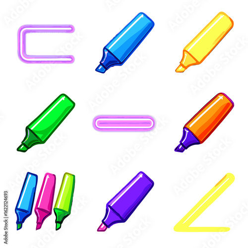 Vivid highlighters luminous highlighter stroke chisel set electric icon vector vibrant neon