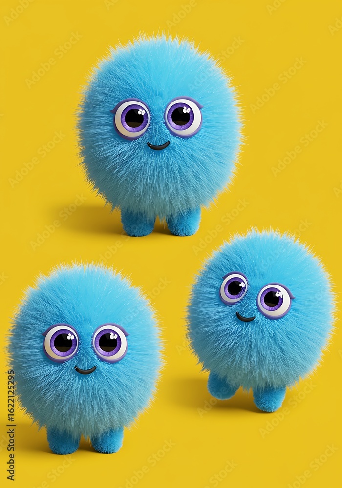 Fototapeta premium Fluffy Blue Friends: 3D Rendered Cute Characters