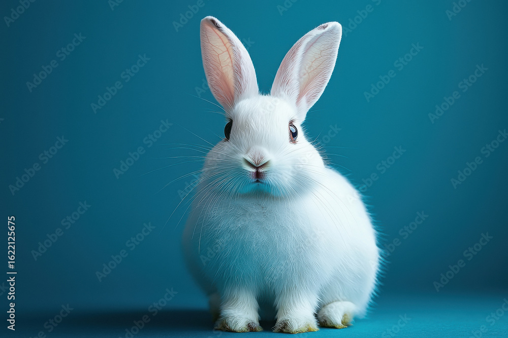 Obraz premium a white rabbit looking into camera, dark blue background