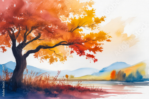 Autumn tree by water with distant mountains leaves