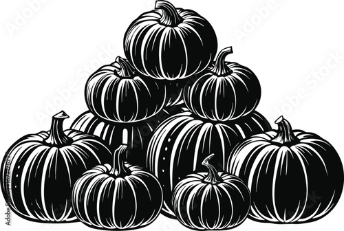 Vintage illustration of a pile of pumpkins in black and white