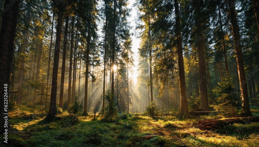 Fototapeta premium Sunlight streams through a dense forest
