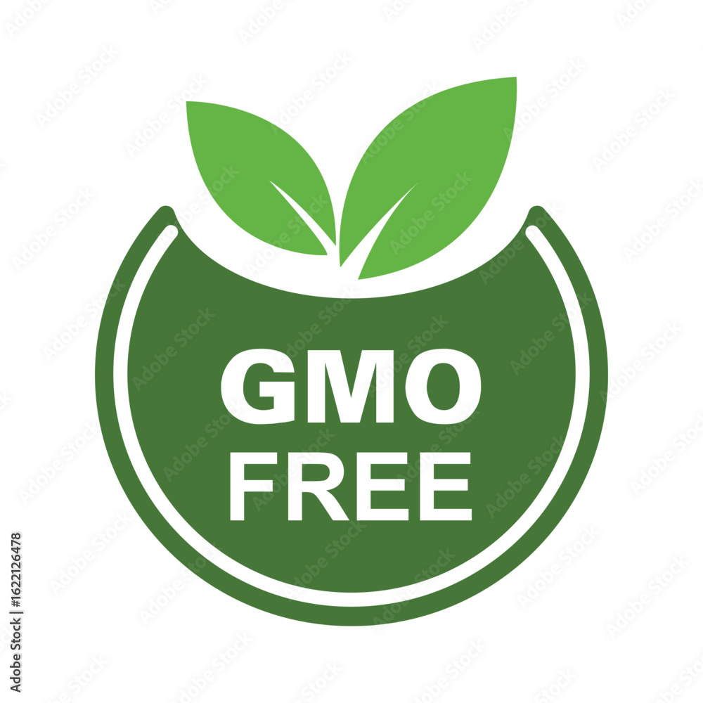Fototapeta premium GMO Free Organic Certification Badge – Green Round Vector with Leaf Icon