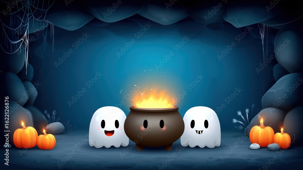 Obraz premium A glowing cauldron in a dark cave with skulls and cobwebs, text space at the top