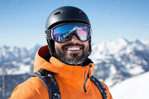 Good-looking indian man with a big smile wearing a tight ski suit, skiing on a snowy mountain, showing a waist line, a good figure