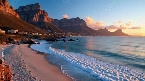 Stunning 4K aerial sunrise over Table Mountain from Bloubergstrand, Cape Town, South Africa, capturing a winter morning's vibrant beauty.