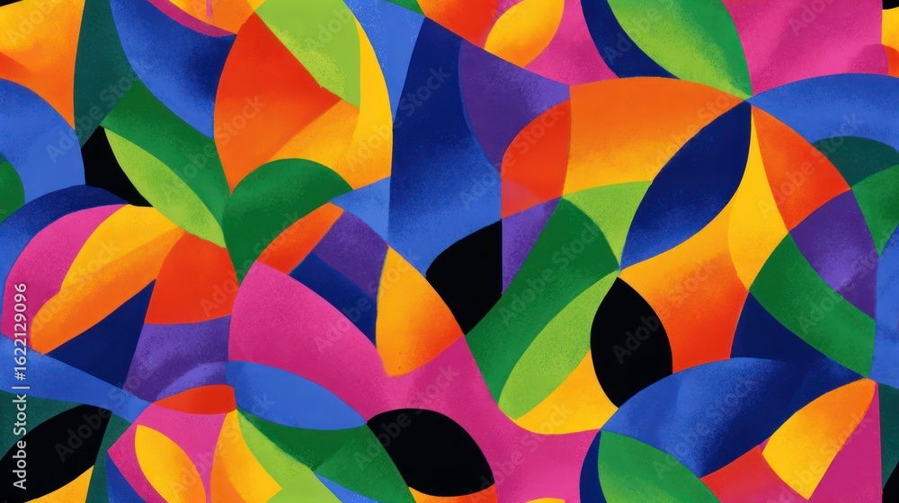 Fototapeta premium Colorful geometric abstraction with layered shapes in vibrant hues against a black backdrop