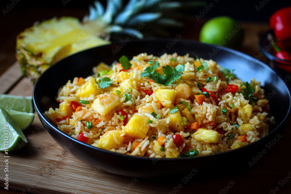 A bowl of pineapple fried rice with limes and a pineapple on the side dish A bowl of pineapple fried rice with limes and a pineapple on the side dish