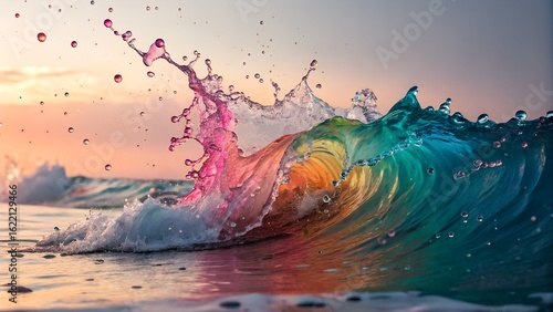 Colorful Rainbow Wave Splashing in Ocean Sunset Photography