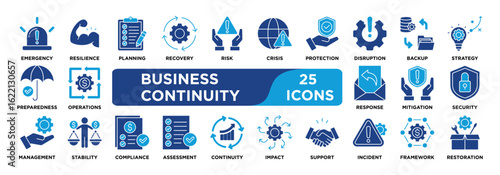 Business Continuity icon collection set. Containing continuity,resilience,planning,recovery,disruption,risk,crisis,emergency,backup,strategy icon. dual tone vector.	