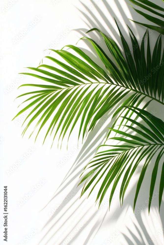 Fototapeta premium Green palm leaves with sharp shadows on white wall in bright natural sunlight creating fresh summer feeling