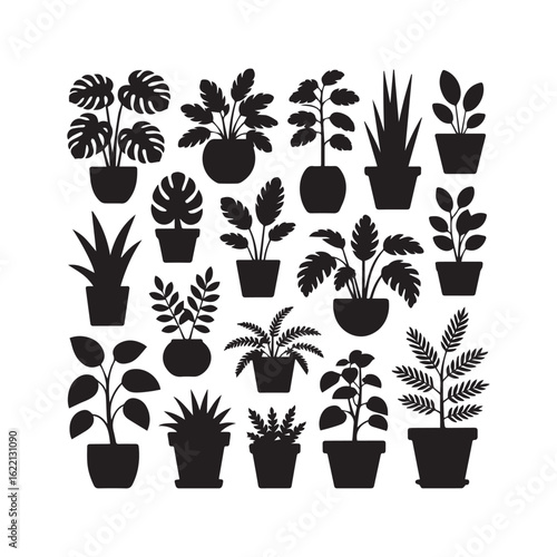Black Silhouette Houseplants in Pots Vector Illustration