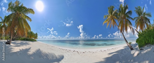 Panorama of tropical beach with coconut palm trees, clear blue sea, cloudy. HDR, render use, Seamless hdr 360 panorama in spherical equiangular format. 3D visualization, sky replacement