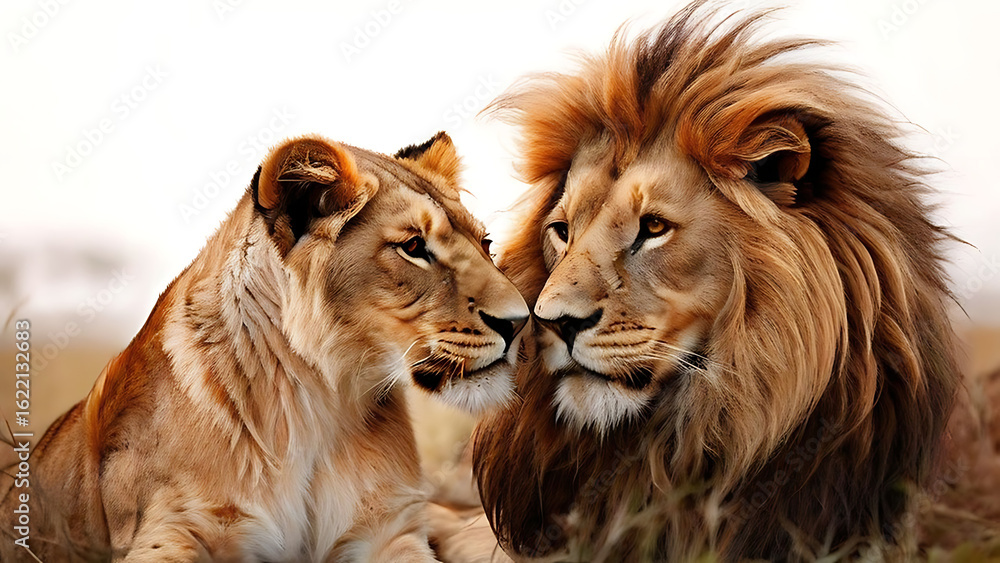 Fototapeta premium Majestic lion and lioness share a tender moment at sunset in the African savannah, showcasing love, lions in love.