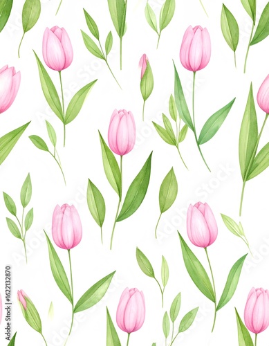 Wallpaper Mural Watercolor Seamless Pattern Delicate Pink Tulips and Green Leaves Torontodigital.ca