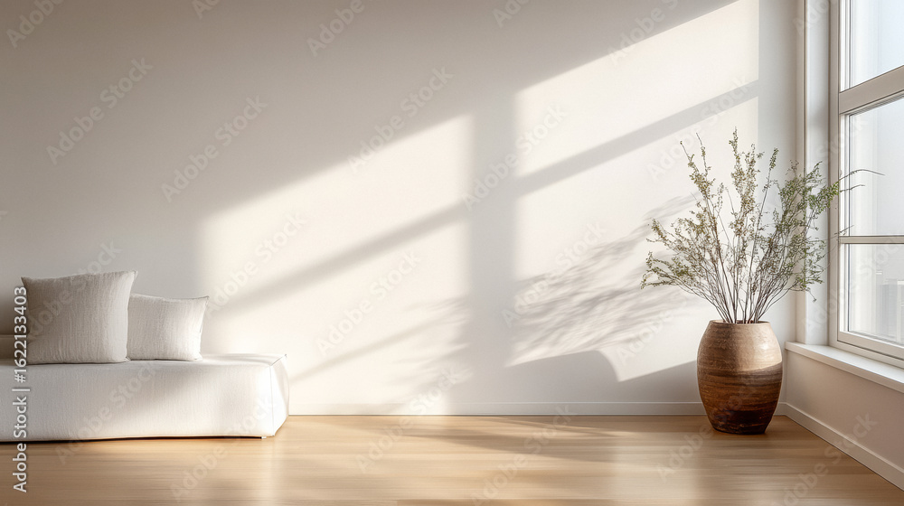 Fototapeta premium Bright and minimalistic interior design featuring a sofa and a decorative plant in natural light