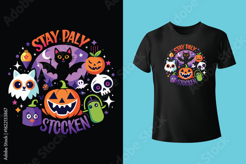 t shirt design halloween with creepy smiling halloween pumpkin with black background vintage illustration