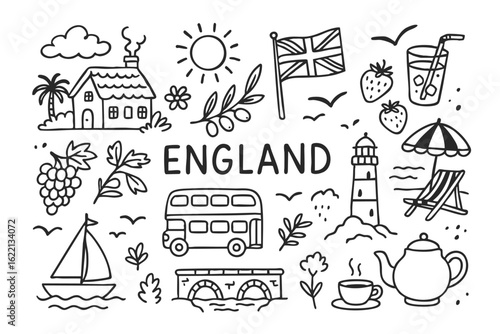 Set of England country doodle whimsical hand drawn elements, house, bus, lighthouse, and famous beverages. Nature and cultural symbols of english nation line art doodle vector outline illustration