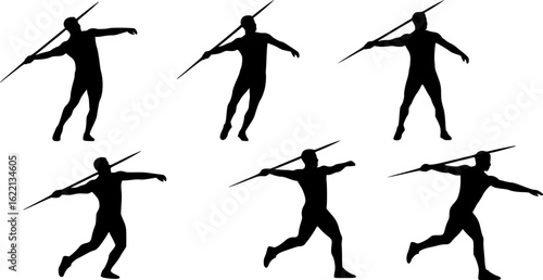 4 Man athlete throwing javelin side view black silhouette.

