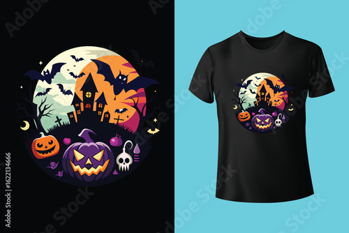 t shirt design halloween with creepy smiling halloween pumpkin with black background vintage illustration