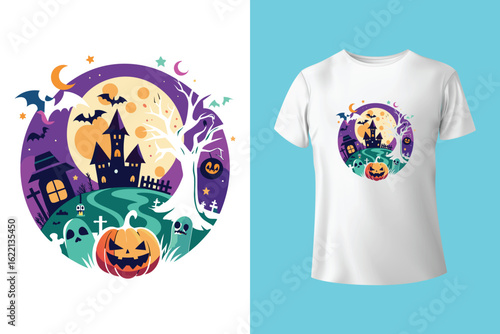 t shirt design halloween with creepy smiling halloween pumpkin with black background vintage illustration