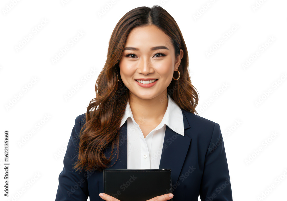 A smiling asian businesswoman wearing a navy blazer and white shirt holds a black tablet looking directly at the camera isolated on transparent A smiling asian businesswoman wearing a navy blazer and white shirt holds a black tablet looking directly at the camera isolated on transparent