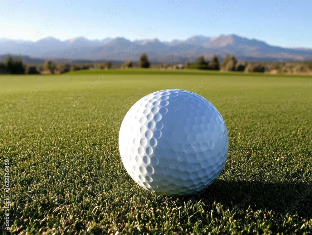 Obraz premium Golf ball on lush field with pristine mountains under clear phoenix course