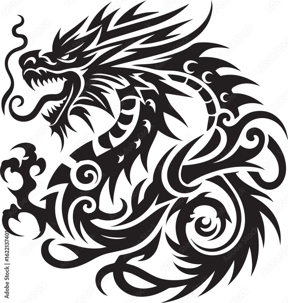 Obraz premium Tribal Dragon Tattoo vector Design black on white background