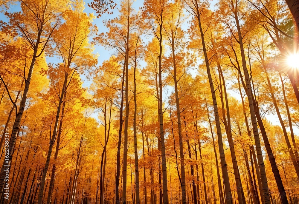 Fototapeta premium Tall golden aspen trees dominate an autumn forest, sunlight filtering through leaves, peaceful, trees