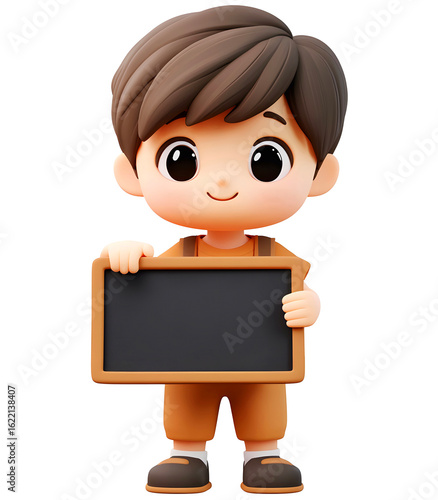 cute 3d little man holds a blank board isolated background