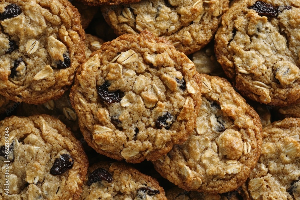 Freshly Baked Oatmeal Raisin Cookies on White Background with Golden Freshly Baked Oatmeal Raisin Cookies on White Background with Golden