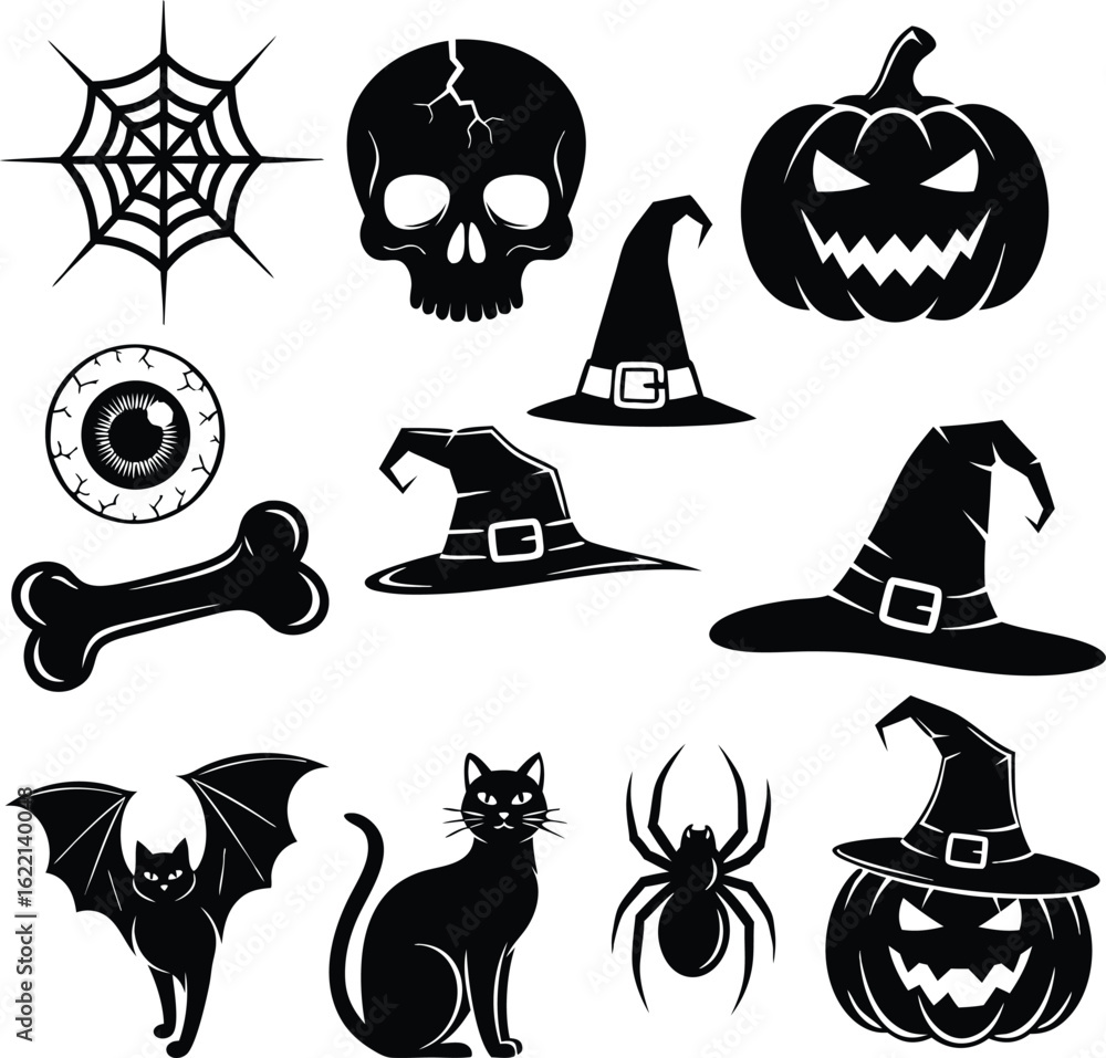 Obraz premium Spooky halloween collection of silhouetted icons featuring pumpkins bats cats and witch hats